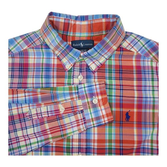 Ralph Lauren Boys Plaid Button-Down Shirt L 14-16 Cotton Long Sleeve Orange Blue - Picture 1 of 8